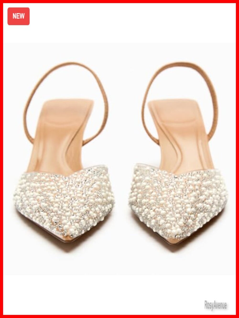 Clear Slingback Heels Pearl Studded Pointed Toe Kitten Mid Heels Sparkly - Picture 4 of 6